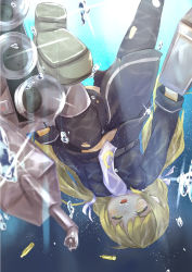 Rule 34 | 10s, 1girl, asmind, bad id, bad pixiv id, blonde hair, bubble, falling, gedou (shigure seishin), gun, highres, kantai collection, long hair, one hair, satsuki (kancolle), school uniform, shell casing, sinking, solo, thighhighs, torn clothes, twintails, underwater, weapon, wet, wet clothes, yellow eyes