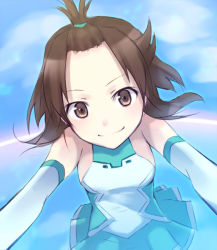 Rule 34 | 10s, 1girl, bad id, bad pixiv id, bare shoulders, brown eyes, brown hair, day, detached sleeves, face, forehead, kyouno madoka, kyuri, looking at viewer, rinne no lagrange, skirt, sky, smile, solo, topknot