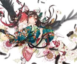 Rule 34 | 2girls, alternate costume, animal ears, black hair, black wings, bow, braid, cat ears, cat tail, feathers, floral background, floral print, flying, hair bow, highres, japanese clothes, kaenbyou rin, long hair, multiple girls, multiple tails, open mouth, red eyes, red hair, reiuji utsuho, smile, tail, touhou, toutenkou, twin braids, white background, wings