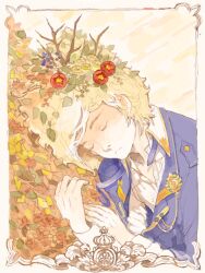 Rule 34 | 1boy, ah roro, aiguillette, autumn leaves, bad drawr id, bad id, blonde hair, blue jacket, border, branch, closed eyes, closed mouth, flower, flower wreath, hands up, head wreath, jacket, leaf, leaf pile, lying, male focus, oekaki, on side, original, red flower, shirt, short hair, solo, unbuttoned, unbuttoned shirt, upper body, white border, white shirt, yellow background, yellow flower