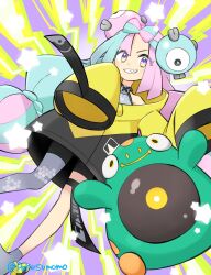 Rule 34 | 1girl, bellibolt, bike shorts, boots, commentary request, creatures (company), electricity, game freak, green hair, grey footwear, grey pantyhose, grey shirt, grin, highres, iono (pokemon), jacket, long hair, multicolored hair, nintendo, pantyhose, pink hair, pokemon, pokemon (creature), pokemon sv, pokesumomo, purple eyes, shirt, single leg pantyhose, sleeveless, sleeveless shirt, sleeves past fingers, sleeves past wrists, smile, star (symbol), teeth, thigh strap, twintails, twitter username, two-tone hair, watermark, yellow jacket