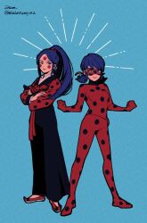Rule 34 | 2girls, black pants, blue background, bodysuit, breasts, closed mouth, crossed arms, eye mask, facepaint, facial mark, full body, hibidaikansya2, korean clothes, ladybug (character), legs apart, long hair, long sleeves, looking at viewer, low twintails, marinette dupain-cheng, miraculous ladybug, mudangbeolle, multiple girls, pants, parted hair, polka dot, ponytail, red bodysuit, red footwear, shoes, sidelocks, simple background, small breasts, smile, standing, twintails