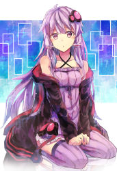 Rule 34 | 1girl, ahoge, alternate hair length, alternate hairstyle, bare shoulders, blush, breasts, collarbone, dress, hair ornament, highres, hood, hoodie, long hair, looking at viewer, open clothes, open hoodie, parted lips, purple eyes, purple hair, purple thighhighs, seiza, sidelocks, sitting, solo, strapless, strapless dress, suisetsu mizuna, thighhighs, tube dress, v arms, vocaloid, voiceroid, yuzuki yukari