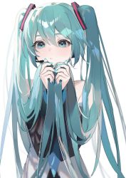 Rule 34 | 1girl, aqua eyes, aqua hair, aqua nails, bare shoulders, blue necktie, closed mouth, detached sleeves, fingernails, hair tie, hatsune miku, holding, holding hair, light blush, long hair, looking at viewer, mizumi zumi, nail polish, necktie, sidelocks, simple background, solo, twintails, upper body, vocaloid, white background