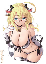 Rule 34 | 1girl, ahoge, alternate costume, animal ears, animal print, bell, bikini, blonde hair, blue eyes, blush, breasts, cleavage, closed mouth, collarbone, cow ears, cow girl, cow print, cow print bikini, cow tail, cowbell, cropped legs, ebifurya, elbow gloves, expressionless, front-tie bikini top, front-tie top, glasses, gloves, groin, hair between eyes, hand on own ass, highres, i-8 (kancolle), kantai collection, large breasts, leaning forward, long hair, looking at viewer, low twintails, navel, plump, print bikini, red-framed eyewear, round eyewear, semi-rimless eyewear, side-tie bikini bottom, simple background, solo, string bikini, swimsuit, tail, thighhighs, twintails, twitter username, under-rim eyewear, white background, white bikini, white gloves, white thighhighs