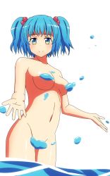 Rule 34 | 1girl, bad id, bad pixiv id, blue eyes, blue hair, blush, breasts, censored, collarbone, convenient censoring, groin, hair bobbles, hair ornament, highres, kawashiro nitori, looking at viewer, matching hair/eyes, medium breasts, mikomiko (mikomikosu), navel, no headwear, nude, outstretched arms, partially submerged, short hair, simple background, solo, touhou, twintails, two side up, wading, water, water drop
