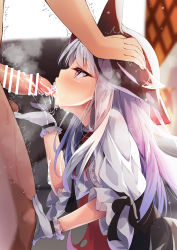 Rule 34 | 1boy, 1girl, after fellatio, azur lane, bar censor, black ribbon, blush, cape, caressing testicles, censored, cum, cum in mouth, cum on hands, cumdrip, dress, erebus (azur lane), floor, frilled dress, frills, gloves, hand on another&#039;s head, heart, heart-shaped pupils, highres, long hair, madotsukumo, oral, penis, red eyes, ribbon, saliva, sidelocks, silver hair, solo focus, steam, symbol-shaped pupils, testicles, thick eyelashes, tongue, trembling, very long hair