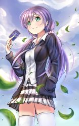Rule 34 | 10s, 1girl, blazer, card, green eyes, highres, i.f.s.f, jacket, long hair, love live!, love live! school idol project, purple hair, school uniform, smile, solo, thighhighs, tojo nozomi, twintails