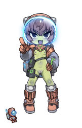Rule 34 | 1girl, :d, alien, boots, breasts, brown hair, cleft of venus, colored nipples, colored skin, creature and personification, crossed bangs, detached sleeves, fang, full body, gloves, green skin, grey sleeves, hair between eyes, hand on own hip, helmet, knee boots, long sleeves, looking at viewer, martian officer, navel, nipples, no nose, nyong nyong, open mouth, orange footwear, orange gloves, puffy long sleeves, puffy sleeves, purple nipples, purple pussy, pussy, reference inset, short hair, simple background, small breasts, smile, solo, space helmet, standing, terraria, thigh strap, tsurime, uncensored, v-shaped eyebrows, white background