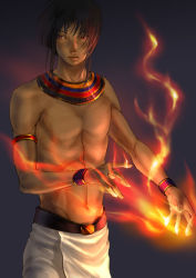 Rule 34 | 1boy, ancient egypt, artist request, black hair, cowboy shot, egyptian, fire, grey background, magic, male focus, original, topless male, solo, standing
