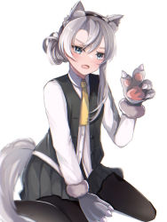 Rule 34 | 1girl, animal ear fluff, animal ears, animal hands, asymmetrical hair, black pantyhose, blue eyes, blush, buttons, collared shirt, dog ears, dog tail, fang, flipped hair, fur-trimmed gloves, fur trim, gloves, grey hair, grey skirt, grey vest, hairband, hand up, highres, kantai collection, long sleeves, necktie, nowaki (kancolle), on floor, open clothes, open mouth, open vest, pantyhose, paw gloves, pleated skirt, ranran 3939, shirt, short hair, simple background, sitting, skirt, solo, swept bangs, tail, unbuttoned vest, vest, wariza, white background, white shirt, yellow necktie