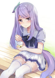 Rule 34 | 1girl, animal ears, bench, black bow, blouse, blue shirt, blush, bow, closed mouth, commentary request, cup, disposable cup, drinking straw, ear ribbon, ears down, feet out of frame, frilled skirt, frills, green ribbon, highres, holding, holding cup, horse ears, horse girl, horse tail, konka, looking at viewer, mejiro mcqueen (umamusume), nail polish, on bench, pink nails, pleated skirt, puffy short sleeves, puffy sleeves, purple eyes, purple hair, purple shirt, ribbon, school uniform, shirt, short sleeves, sitting, skirt, solo, swept bangs, tail, thighhighs, tracen school uniform, umamusume, white skirt, white thighhighs