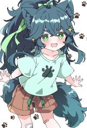 1girl animal_ears asami-chan bandaged_wrist bandages bandaid bandaid_on_knee bandaid_on_leg blue_hair blush brown_shorts commentary commission fox_ears fox_girl fox_tail gauze_on_knee green_eyes green_ribbon green_shirt hair_ribbon highres indie_virtual_youtuber long_hair looking_at_viewer open_mouth paw_print ribbon shirt short_sleeves shorts simple_background solo sparkle tail vgen_commission virtual_youtuber white_background