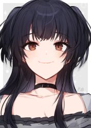 Rule 34 | 1girl, black choker, black hair, blush, choker, collarbone, highres, idolmaster, idolmaster shiny colors, looking at viewer, mayuzumi fuyuko, panprika, portrait, simple background, smile, solo, sparkle, two-tone background, two side up