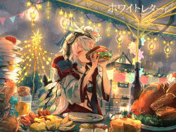 Rule 34 | 1girl, baguette, bottle, bread, building, cheese wheel, christmas, christmas lights, closed eyes, eating, food, goggles, goggles on head, happy, harenochi hareta, hood, hood down, meat, midriff, multicolored hair, outdoors, plate, plate stack, sandwich, smile, streaked hair, string of flags, white hair, wide sleeves, wine bottle