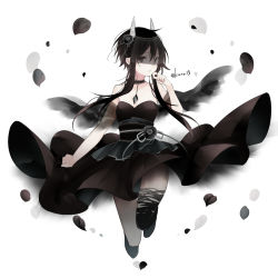 Rule 34 | 1girl, black dress, black flower, black hair, black wings, breasts, brown eyes, closed mouth, commentary request, dress, flower, hair between eyes, hair flower, hair ornament, hand up, highres, horns, kuroi (liar-player), long hair, looking at viewer, obi, original, petals, sash, shaded face, short hair with long locks, sidelocks, small breasts, solo, strapless, strapless dress, twitter username, very long hair, wings