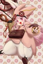 Rule 34 | 1girl, bag, baggy pants, blush, breasts, button eyes, buttons, fate/grand order, fate (series), habetrot (fate), hat, highres, hood, hooded jacket, jacket, long hair, long sleeves, looking at viewer, mightyjump98, open mouth, pants, pink hair, pink hat, pink jacket, pointy ears, red eyes, shoulder bag, sidelocks, small breasts, smile, solo, white pants