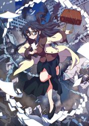 Rule 34 | 1girl, between fingers, black hair, blue eyes, breasts, building, coat, dust, full body, glasses, hair intakes, highres, holding, holding paper, large breasts, leg up, long hair, long sleeves, messy hair, necktie, paper, parted bangs, read or die, red necktie, rolling suitcase, rubble, ruins, skirt, smile, smoke, solo, somasoutaro, standing, standing on one leg, suitcase, waistcoat, yomiko readman
