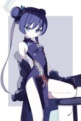 Rule 34 | 1girl, absurdres, bare shoulders, black hair, blue archive, china dress, chinese clothes, dress, grey background, grey eyes, halo, highres, kisaki (blue archive), looking at viewer, neumo ( neumo ), solo, thighs, two-tone background, white background
