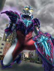 1boy absurdres alien arc_galaxer armor black_skin blue_armor blue_gemstone building car cityscape cloud cloudy_sky colored_skin commentary_request forehead_jewel galaxy_armor gem highres holding holding_shield holding_weapon lamppost looking_ahead male_focus motor_vehicle multicolored_skin no_pupils on_one_knee outdoors purple_armor red_skin road_sign shield sign silver_skin sky tokusatsu ultra_series ultraman_arc ultraman_arc_(series) weapon yellow_eyes yoshifuto