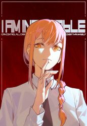 Rule 34 | 1girl, black necktie, black plume, braid, braided ponytail, chainsaw man, collared shirt, english text, finger to mouth, hair over shoulder, highres, looking at viewer, makima (chainsaw man), medium hair, necktie, parted lips, red background, red hair, ringed eyes, shirt, sidelocks, solo, upper body, white shirt, yellow eyes
