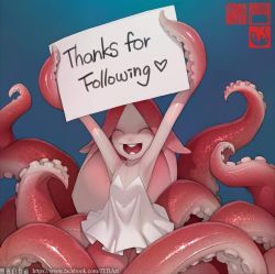Rule 34 | 1girl, :d, arms up, blue background, dress, closed eyes, monster girl, open mouth, original, scylla, simple background, smile, solo, tentacle hair, tentacle hands, tentacles, thank you, watermark, web address, white dress, zhaoyebai