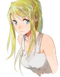 Rule 34 | 1girl, bare shoulders, blonde hair, blue eyes, earrings, fullmetal alchemist, jewelry, long hair, looking at viewer, ponytail, riru, shirt, simple background, smile, solo, white background, white shirt, winry rockbell