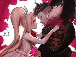 Rule 34 | 1boy, 1girl, animal request, bare shoulders, barry nah, black gloves, black hair, closed mouth, couple, danganronpa (series), danganronpa 2: goodbye despair, dress, earrings, elbow gloves, evil smile, closed eyes, flower, from side, gloves, glowing, glowing eye, grey hair, hair ornament, hands up, hetero, highres, jewelry, long hair, looking at another, multicolored hair, pink flower, pink rose, purple scarf, red eyes, red flower, red rose, restrained, rose, scarf, short hair, smile, snake, sonia nevermind, tanaka gundham, tiara, two-tone hair, upper body, white dress, white gloves