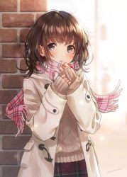 Rule 34 | 1girl, blue eyes, blurry, blurry background, blush, brick wall, brown hair, brown sweater, coat, commentary request, duffel coat, fringe trim, hands up, highres, long hair, long sleeves, looking at viewer, morikura en, open clothes, open coat, original, parted lips, pink scarf, plaid, plaid scarf, plaid skirt, red skirt, scarf, sidelocks, skirt, sleeves past wrists, solo, standing, sweater, twitter username, upper body, valentine, white coat, winter, winter clothes