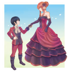Rule 34 | 10s, 1boy, 1girl, age difference, bare shoulders, blue background, blue eyes, blue hair, blush, boots, bowtie, child, closed mouth, dress, elbow gloves, eye contact, flower, formal, full body, gloves, green eyes, hair flower, hair ornament, hand on own hip, height difference, hand grab, livius orvinus ifriqiyah, looking at another, murahimu, nike remercier, orange hair, profile, simple background, smile, soredemo sekai wa utsukushii, teenage girl and younger boy