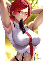 Rule 34 | 1girl, armpits, arms behind head, artist name, breasts, gloves, highres, large breasts, looking at viewer, mature female, midriff, mouth hold, navel, one eye closed, pants, red eyes, red hair, red lips, smile, snk, solo, suspenders, sweat, the king of fighters, vanessa (kof)