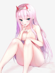 Rule 34 | 10s, 1girl, ayuma sayu, bad id, bad pixiv id, blue eyes, blush, breasts, commentary request, convenient arm, convenient censoring, convenient leg, darling in the franxx, finger to mouth, grey background, hair over breasts, hairband, hand on own knee, hand up, horns, knees up, long hair, looking at viewer, medium breasts, nude, pink hair, revision, shiny skin, simple background, solo, tongue, tongue out, very long hair, zero two (darling in the franxx)