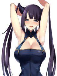 Rule 34 | 1girl, akire (akireru shoujo), armpits, arms behind head, arms up, bare arms, blue dress, blue eyes, blunt bangs, blush, breasts, breath, china dress, chinese clothes, cleavage, cleavage cutout, clothing cutout, dress, embarrassed, fate/grand order, fate (series), female focus, highres, large breasts, long hair, looking at viewer, nose blush, open mouth, purple hair, simple background, sleeveless, solo, sweat, twintails, two side up, upper body, very long hair, white background, yang guifei (fate), yang guifei (second ascension) (fate)