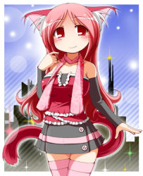 Rule 34 | 1girl, animal ears, breasts, cat ears, cat girl, cat tail, detached sleeves, earth ekami, female focus, long hair, no nose, original, outdoors, red eyes, red hair, scarf, skirt, sky, smile, solo, tail, thighhighs, zettai ryouiki