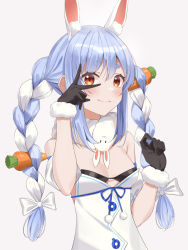 Rule 34 | 1girl, animal ear fluff, animal ears, bare shoulders, black bra, black gloves, blue hair, blush, bow, bra, braid, breasts, carrot hair ornament, closed mouth, commentary, detached sleeves, enpido, food-themed hair ornament, gloves, hair ornament, highres, hololive, long hair, looking at viewer, medium breasts, multicolored hair, orange eyes, rabbit ears, rabbit girl, scarf, shirt, simple background, smile, solo, standing, thick eyebrows, twin braids, twintails, two-tone hair, underwear, upper body, usada pekora, usada pekora (1st costume), v, virtual youtuber, white background, white bow, white hair, white scarf, white shirt