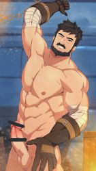 Rule 34 | 1boy, abs, bandaged arm, bandages, bar censor, bara, beard, black eyes, black hair, blacksmith, blush, censored, completely nude, embers, erection, facial hair, genshin impact, highres, large pectorals, looking at viewer, male focus, mature male, mazjojo, muscular, muscular male, mustache, navel, nipples, nude, paid reward available, pectorals, penis, paid reward available, short hair, solo, stomach, wagner (genshin impact)