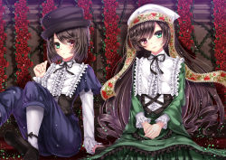 Rule 34 | 2girls, :o, blush, brown hair, collar, dress, flower, frills, green dress, green eyes, hat, head scarf, head tilt, heterochromia, long hair, long skirt, looking at viewer, multiple girls, own hands together, pants, pantyhose, parted lips, plant, red eyes, ringlets, rose, rozen maiden, short hair, sitting, skirt, smile, souseiseki, suiseiseki, thorns, top hat, toshi (1-147), v arms