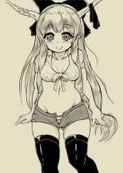 Rule 34 | 1girl, blush, breasts, cleavage, covered erect nipples, female focus, greyscale, hair ornament, horns, ibuki suika, monochrome, navel, panties, ribbon, shorts, simple background, small breasts, solo, striped clothes, striped panties, tank top, thighhighs, touhou, underwear
