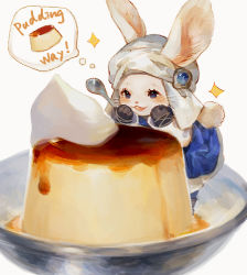 Rule 34 | 1other, :3, ambiguous gender, animal ears, black gloves, blue dress, blue eyes, bowl, dress, final fantasy, final fantasy xiv, food, furry, gloves, hands on own face, hands up, holding, holding spoon, leaning forward, loporrit, open mouth, pudding, rabbit ears, rabbit tail, solo, sparkle, spoon, tail, thought bubble, turban, whiskers, white background, white headwear, xioiri