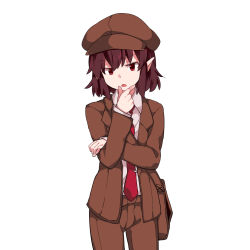 Rule 34 | 1girl, :o, bad id, bad pixiv id, bag, blazer, brown hair, brown hat, brown jacket, brown shorts, cabbie hat, cocked eyebrow, collared shirt, crossed arms, flat chest, forbidden scrollery, hammer (sunset beach), hat, head tilt, highres, jacket, jitome, looking at viewer, necktie, no wings, pointy ears, red eyes, shameimaru aya, shameimaru aya (newsboy), shirt, short hair, shorts, shoulder bag, solo, thinking, tie clip, touhou