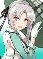 Rule 34 | &gt;:o, 10s, 1girl, :o, akitsushima (kancolle), aqua background, artist name, commentary request, gloves, gradient background, grey hair, hair ornament, highres, jacket, kamelie, kantai collection, long hair, long sleeves, military, military uniform, nishikitaitei-chan, open mouth, purple eyes, seaplane, side ponytail, sidelocks, solo, uniform, v-shaped eyebrows, white gloves