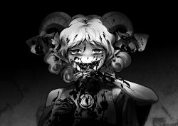 Rule 34 | 1girl, bags under eyes, blood, blood in hair, blood on arm, blood on clothes, blood on face, blood on hands, commentary request, curled horns, curly hair, detached sleeves, earrings, greyscale, highres, horizontal pupils, horn ornament, horn ribbon, horns, houzuki (hotondo), implied cannibalism, jewelry, looking at viewer, meandros, medium bangs, monochrome, open mouth, patterned clothing, pointy ears, rectangular pupils, ribbon, sharp teeth, sheep horns, short hair, smile, solo, teeth, touhou, toutetsu yuuma, upper body