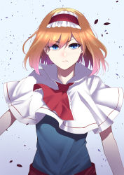 Rule 34 | 1girl, absurdres, alice margatroid, belt, blonde hair, blue dress, blue eyes, cape, closed mouth, dress, eyes visible through hair, gradient background, hair between eyes, hairband, hands up, highres, keenii (kenny86), looking at viewer, petals, red belt, red hairband, red neckwear, short hair, simple background, solo, touhou, white background, white cape
