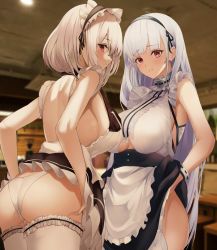 Rule 34 | 2girls, absurdres, apron, armpits, ass, azur lane, back, backless dress, backless outfit, bare arms, bare shoulders, black dress, breasts, clothing cutout, cowboy shot, dido (azur lane), dress, highres, large breasts, looking at viewer, looking back, maid, maid apron, maid headdress, multiple girls, nevin (flyskying), panties, parted lips, profile, red eyes, short dress, short hair, sirius (azur lane), sleeveless, sleeveless dress, thighhighs, underboob, underboob cutout, underwear, waist apron, white hair, white legwear, white panties