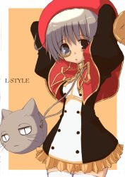 Rule 34 | 1girl, :o, arms up, bag, black dress, black eyes, blush, border, brown eyes, capelet, dress, frills, glass, grey hair, hat, kanna ryouto, looking at viewer, monocle, original, over shoulder, parted lips, ribbon, simple background, solo, standing, thighhighs, whiskers, white border, white thighhighs, yellow ribbon, zettai ryouiki
