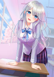 Rule 34 | 1girl, :d, absurdres, arm support, bad id, bad pixiv id, bent over, blazer, blue eyes, blue neckwear, blush, classroom, collared shirt, desk, dress shirt, floating hair, hair between eyes, head tilt, highres, indoors, jacket, long hair, long sleeves, looking at viewer, miniskirt, open mouth, original, plaid, plaid skirt, pleated skirt, shinomiya ino, shirt, silver hair, skirt, smile, solo, standing, very long hair, white shirt, wing collar