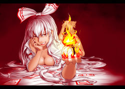 Rule 34 | 1girl, barefoot, bottomless, breasts, cleavage, fire, fire, fujiwara no mokou, grin, hair ribbon, half-closed eyes, hand on own cheek, hand on own face, highres, letterboxed, lipstick, long hair, looking at viewer, lying, makeup, moku., off shoulder, on stomach, red background, red eyes, red lips, ribbon, shirt, silver hair, slit pupils, smile, touhou, tress ribbon, very long hair, white shirt