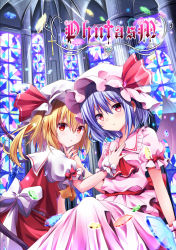 Rule 34 | 2girls, ascot, bat wings, blonde hair, blue hair, bow, church, column, cross, dress, eyebrows, flandre scarlet, frilled dress, frilled shirt, frilled shirt collar, frilled sleeves, frills, glass, hair between eyes, hand on another&#039;s face, hat, hat bow, hat ribbon, highres, hyurasan, indoors, long hair, looking at viewer, mob cap, multiple girls, pillar, pink dress, puffy short sleeves, puffy sleeves, red bow, red eyes, red ribbon, remilia scarlet, ribbon, shirt, short hair, short sleeves, siblings, side ponytail, sisters, sitting, stained glass, touhou, wings, wristband