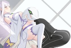Rule 34 | 2girls, absurdres, age difference, all fours, bare shoulders, bedroom, black capelet, black dress, blush, braid, breasts, bug, butterfly, butterfly hair ornament, capelet, closed eyes, closed mouth, clothes lift, colored eyelashes, commission, crown braid, dress, echidna (re:zero), elf, emilia (re:zero), gem, green butterfly, green gemstone, hair ornament, hand on own chest, highres, indoors, insect, kissing stomach, long hair, long sleeves, lying, medium breasts, miniskirt, multiple girls, navel, nitsuhen, on back, on bed, open mouth, pointy ears, purple eyes, re:zero kara hajimeru isekai seikatsu, second-party source, shirt lift, simple background, skirt, smile, striped clothes, striped dress, thighhighs, top-down bottom-up, vertical-striped clothes, vertical-striped dress, white hair, window, yuri