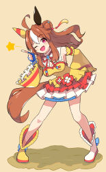 Rule 34 | 1girl, ;d, absurdres, animal ears, asymmetrical footwear, bare shoulders, blue gloves, boots, breasts, brown hair, cheribon, cleavage, commentary, copano rickey (umamusume), detached sleeves, double bun, dress, ear covers, fang, fingerless gloves, full body, gloves, hair bun, highres, horse ears, horse girl, index finger raised, long hair, looking at viewer, medium breasts, medium hair, mismatched footwear, neck ribbon, one eye closed, open mouth, purple eyes, red ribbon, ribbon, smile, solo, umamusume, white footwear, wide sleeves, yellow dress, yellow footwear